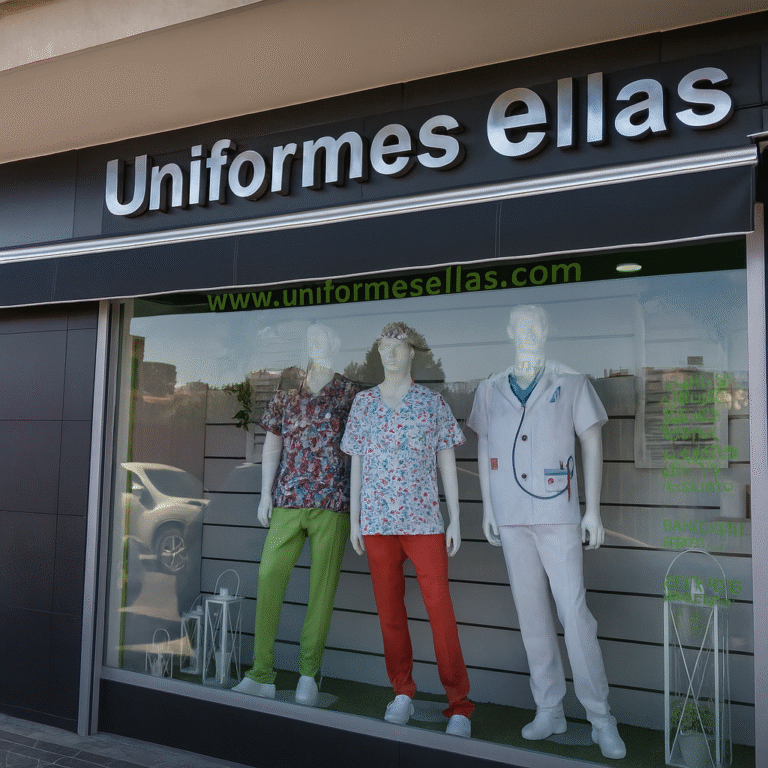 Fachada de tienda Uniformes Ellas con rótulo en letras corpóreas de acero satinado y escaparate con uniformes sanitarios