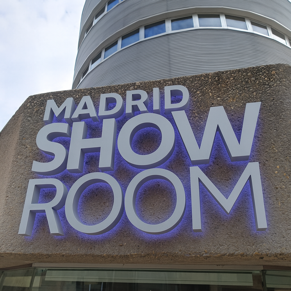 Rótulo Madrid Showroom en letras corpóreas blancas con iluminación trasera LED violeta sobre fachada de hormigón visto